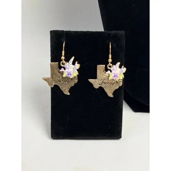 Texas State Shape Necklace and Earrings Matching Set w Blue Bonnets Gold Tone - Picture 2 of 9